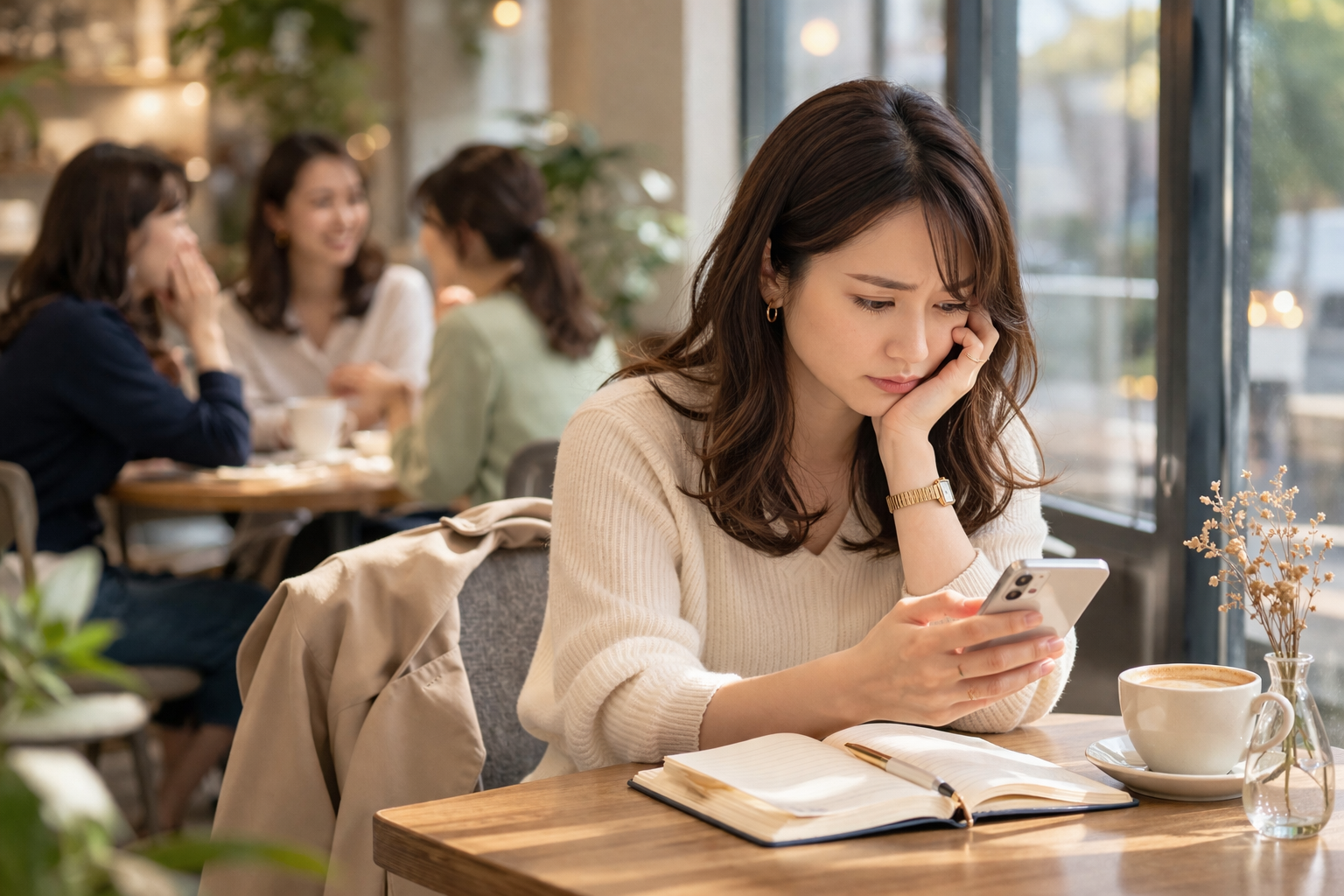 カフェで悩む30代女性