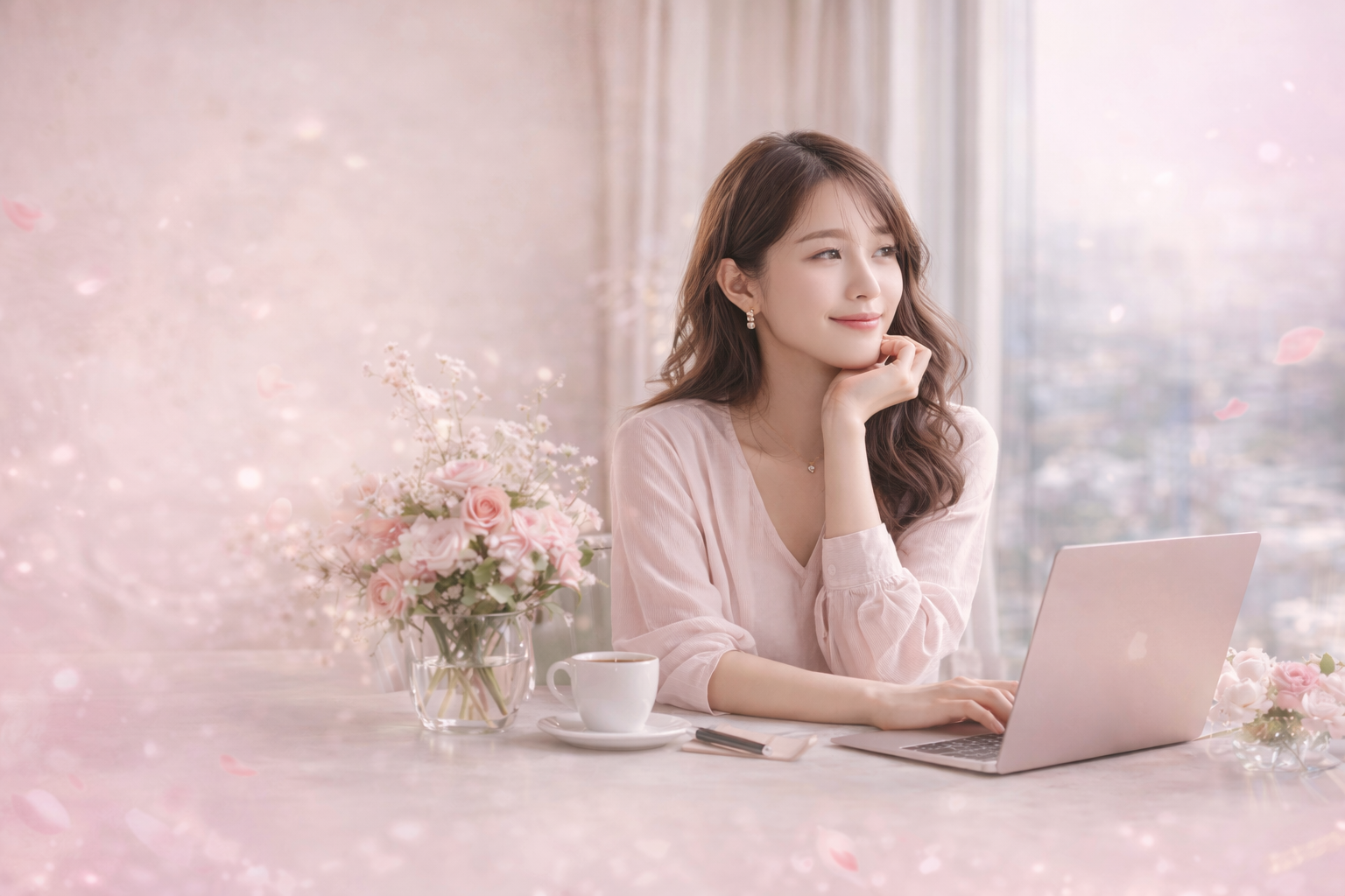 窓辺でパソコンに向かう女性