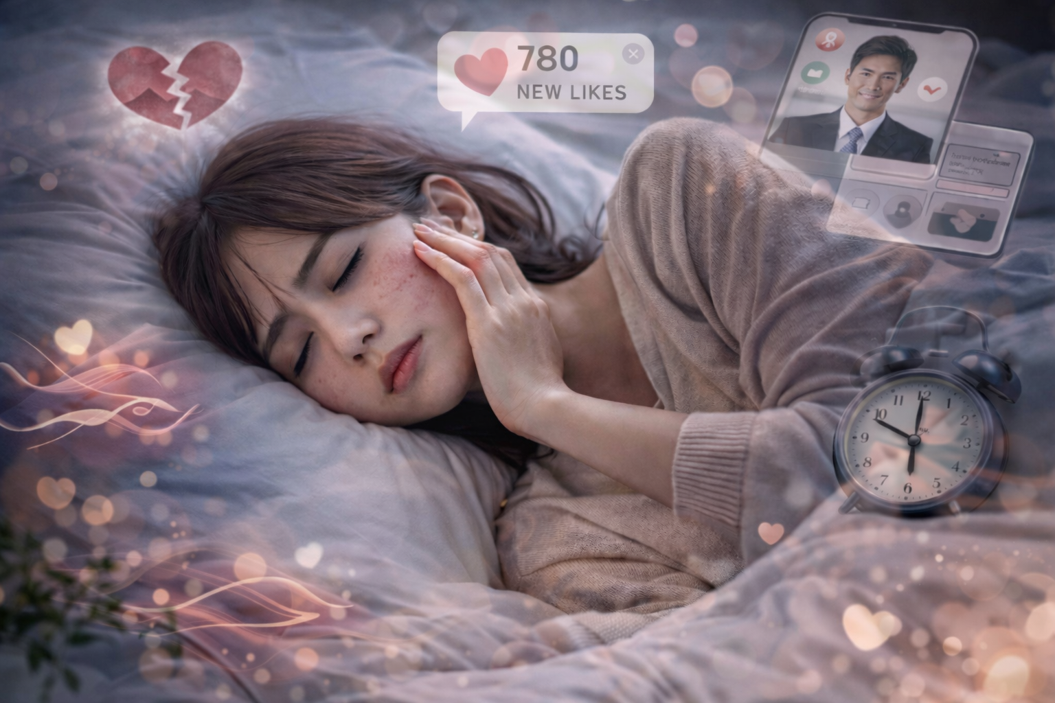 婚活のストレスで眠れない女性。マッチングアプリの通知に疲弊している様子